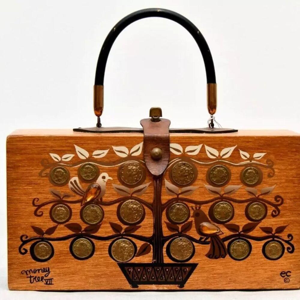 Enid Collins Artist MCM 1963 Wood Box Purse MONEY TREE VII Coins Signed Vtg